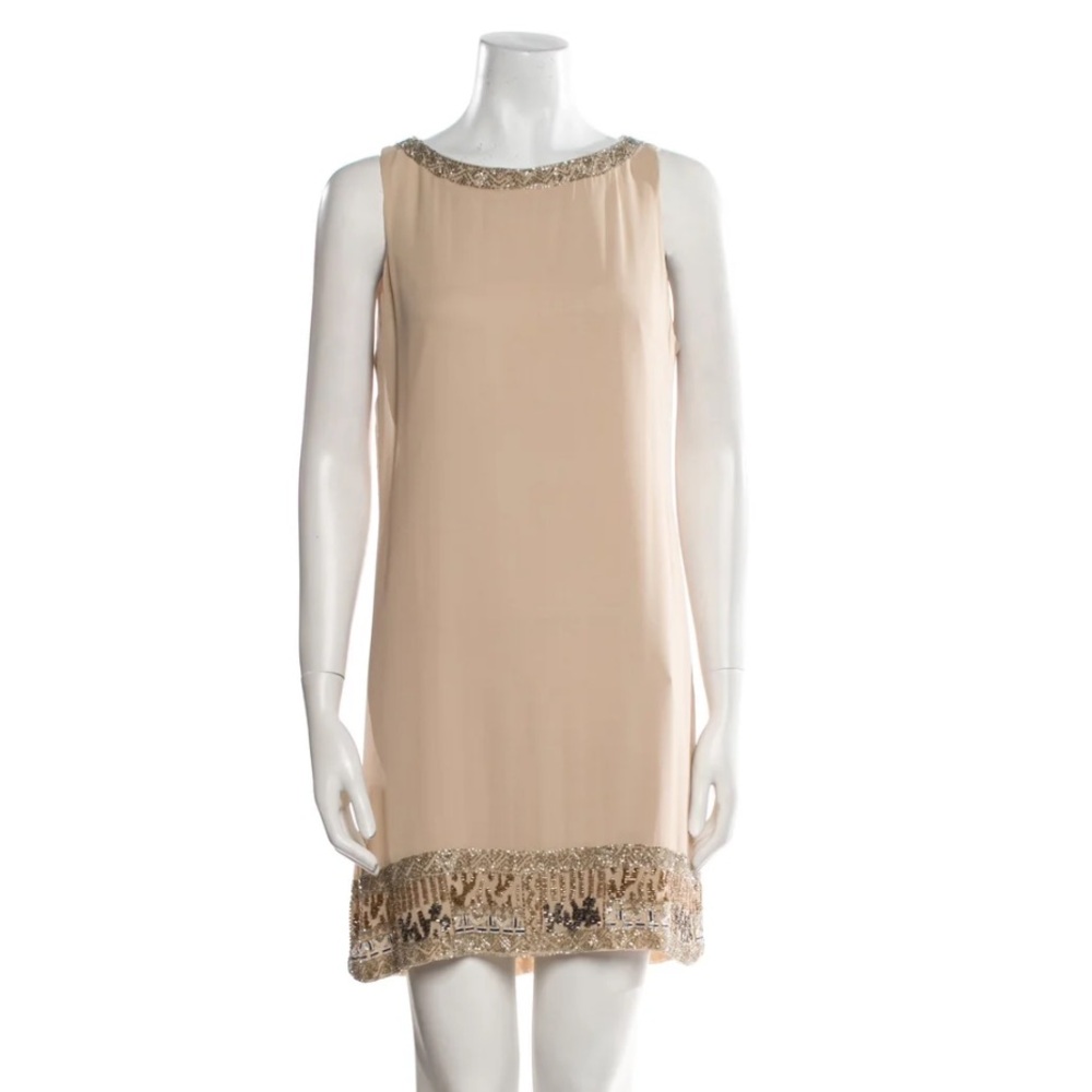 Alice + Olivia | Silk tan dress with beaded accents (size 0)